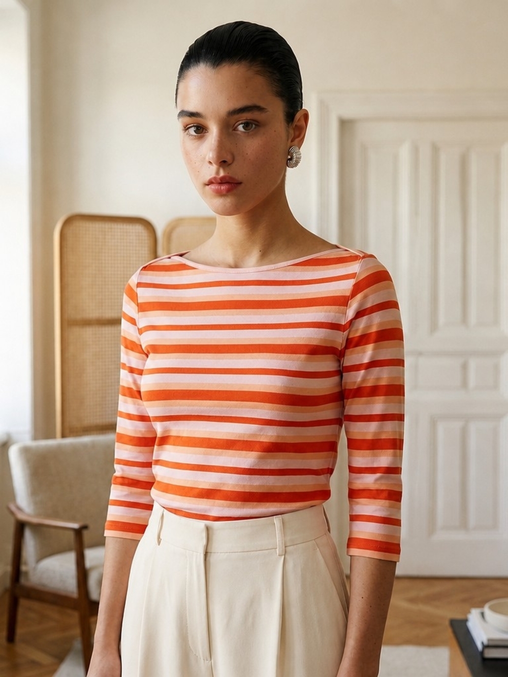 NWT French Connection Striped Orange and Pink Boatneck Top Sz S